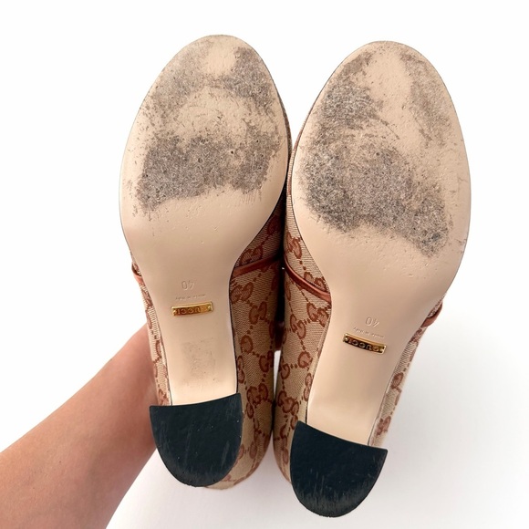 GUCCI || Rare GG Torchon Logo Canvas Monogram Pumps Copper Trim Heels EU 40 - Picture 15 of 16